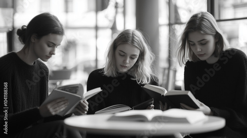 Friends Enjoying Books Together in a Trendy Cafe