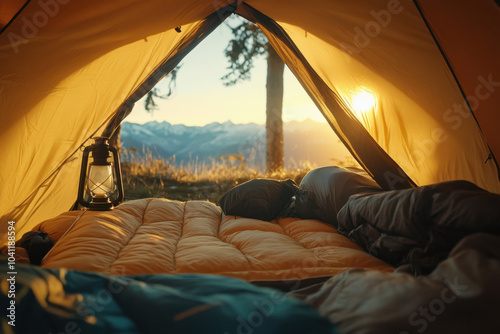 A cozy tent interior with sleeping bags, lanterns, and backpacks neatly arranged, with a view of the sunrise through the open tent flap