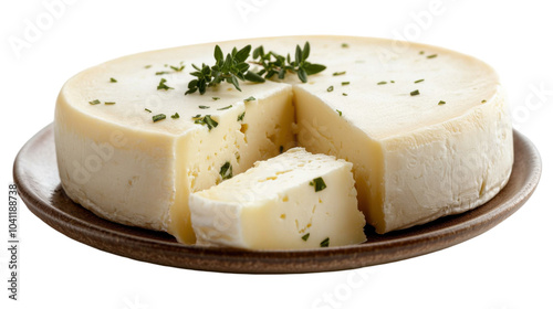 Argentinian provoleta cheese with herbs on a rustic plate for culinary design and food photography - transparent background png