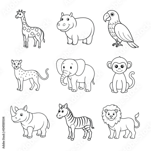 Zoo Safari Fun Line Art Bundle Vector – Lion, Elephant, Giraffe, Zebra, Rhino, Hippo, Monkey, Cheetah, Parrot photo