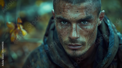 Intense Portrait of a Soldier in the Forest