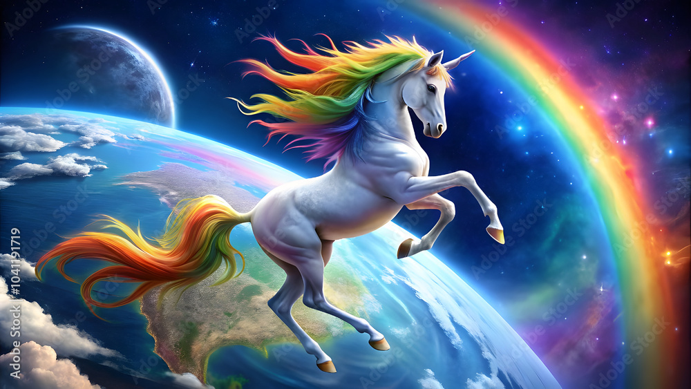 Rainbow Unicorn Dancing Around Earth, Symbolizing Spiritual Dreams. Perfect for: Spiritual transformation events, unicorn-themed festivals, cosmic gatherings Rainbow Unicorn Dancing Around Earth, Symbolizing Spiritual Dreams. Perfect for: Spiritual transformation events, unicorn-themed festivals, cosmic gatherings