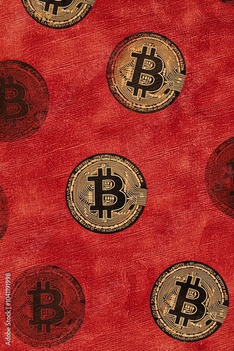 Repeating Pattern of Gold Bitcoin Coins on Red Canvas photo