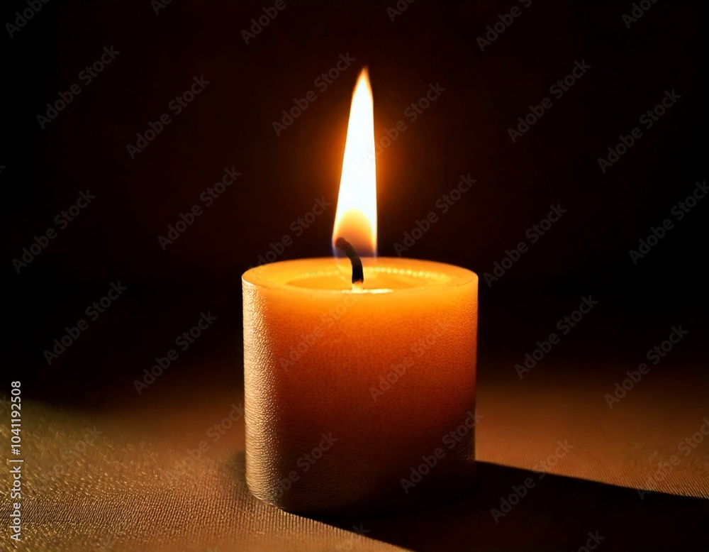 A close-up of a single lit candle glowing in the darkness, creating a warm and calming atmosphere. A close-up of a single lit candle glowing in the darkness, creating a warm and calming atmosphere.