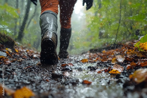 Hiker Trekking through a Rainy Forest Trail Overcoming Weather Challenges