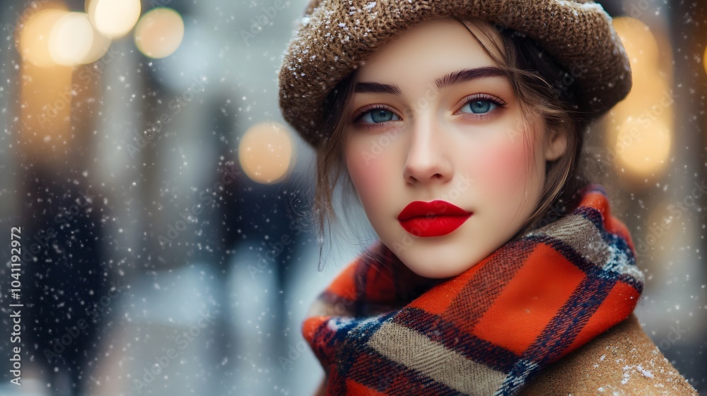 Outdoor close up portrait of young beautiful fashionable woman with red lips, wearing woolen beret, scarf, posing in street of european city. Winter fashion, Christmas holidays concept. Copy space. Outdoor close up portrait of young beautiful fashionable woman with red lips, wearing woolen beret, scarf, posing in street of european city. Winter fashion, Christmas holidays concept. Copy space.