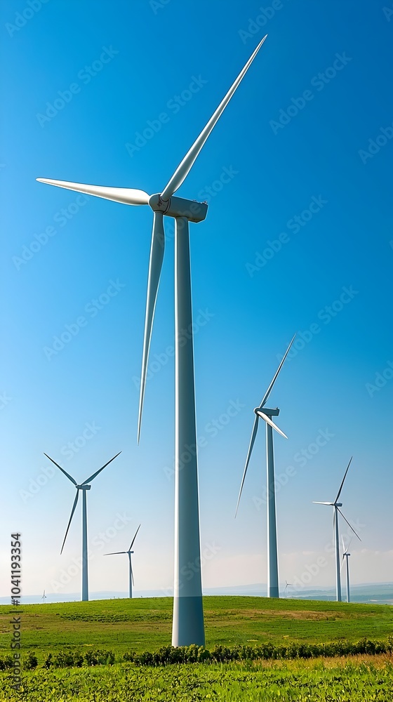 Wind Farm with Giant Turbines Turning in the Sky Renewable Energy Industry and Sustainable Practices Concept Wind Farm with Giant Turbines Turning in the Sky Renewable Energy Industry and Sustainable Practices Concept