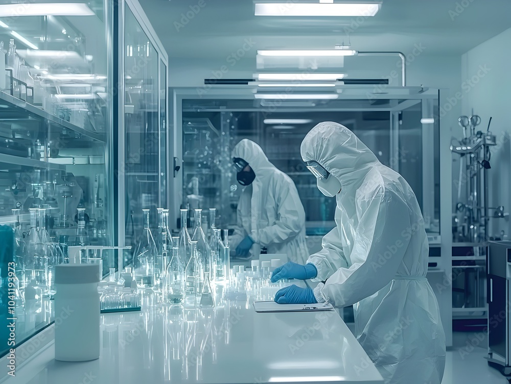Scientists in Protective Gear Conducting Chemical Processes in a Futuristic Laboratory Setting Scientists in Protective Gear Conducting Chemical Processes in a Futuristic Laboratory Setting