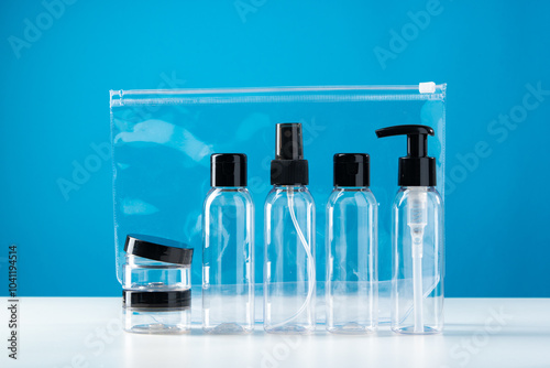 Transparent toiletry bag containing various travel-sized containers on a bright blue background
