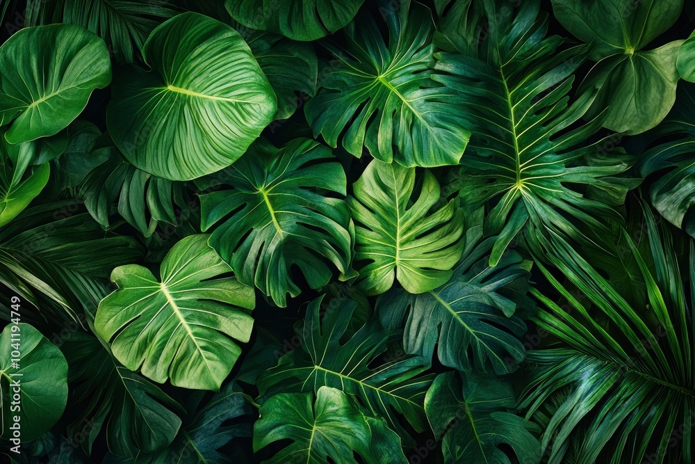 Lush Green Tropical Foliage with Varied Leaf Shapes and Textures Lush Green Tropical Foliage with Varied Leaf Shapes and Textures