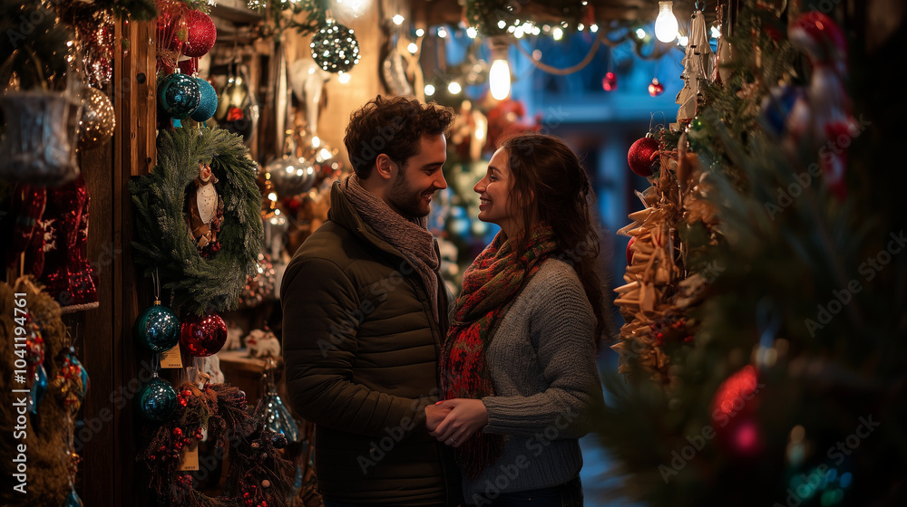A happy couple holding hands at a Christmas store. The guy and the girl are brunettes. A happy couple holding hands at a Christmas store. The guy and the girl are brunettes.
