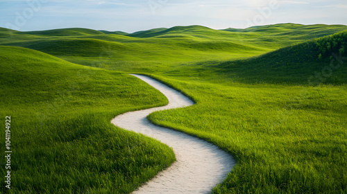 Serene Winding Path Through Green Hills