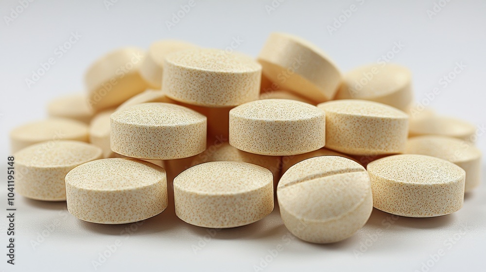 A close-up view of beige tablets piled together on a white surface during the daylight A close-up view of beige tablets piled together on a white surface during the daylight