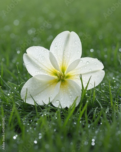 A white and yellow flower with water droplets on a green grass background. photo