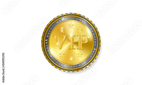 VIP Gold membership badge on white background. Golden, shiny icon. Sticker. Сoin.