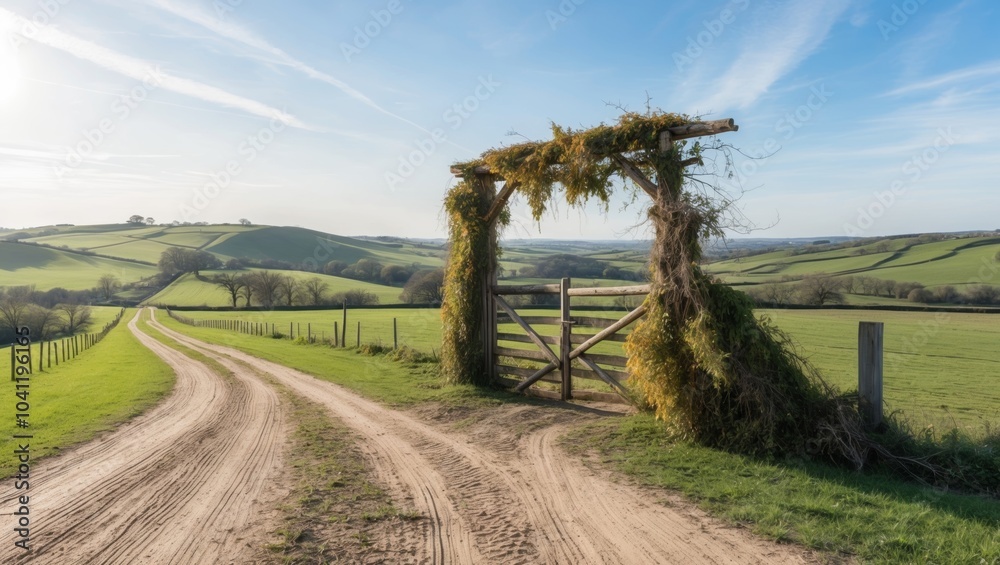 Fototapeta premium Expansive Rural Land For Sale with Scenic View and Rustic Gate in Countryside.