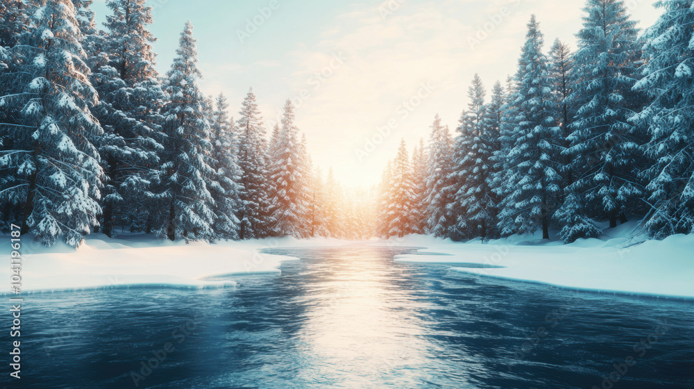 Fototapeta premium A serene winter landscape featuring a river surrounded by snow-covered trees and a warm sunrise illuminating the scene.