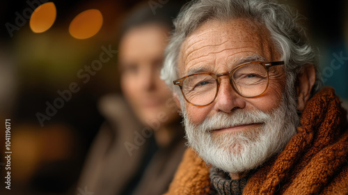 An elderly man with a friendly smile and glasses sits comfortably in a warm gathering, enjoying companionship and conversation with friends