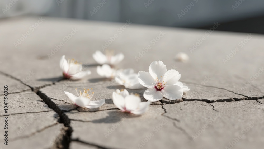 Fototapeta premium Delicate Cherry Blossom Petals on Cracked Concrete Surface.