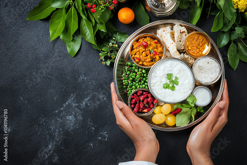 A top view of a traditional thali filled with prasad, fruits, and offerings being placed before the deity photo