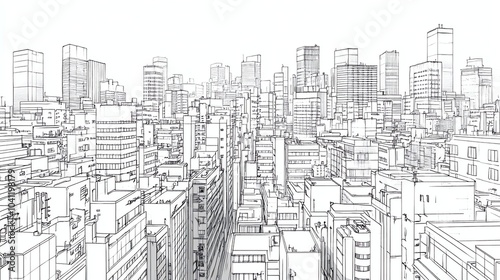 A hand-drawn cityscape illustration in black and white.