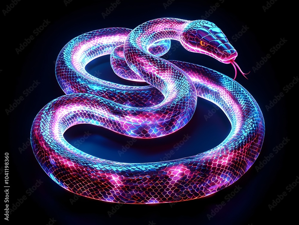 Fototapeta premium Neon snake coiled and ready to strike glowing sinuous body on black background symbolizing danger and power