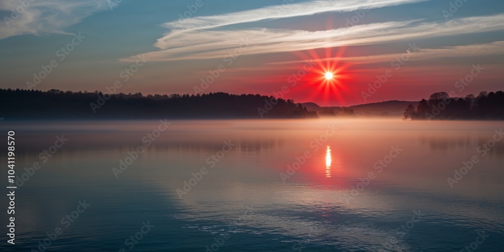 beautiful red dawn on the lake the rays of the sun through the fog the blue sky over the lake the morning comes the sky is reflected in the water.