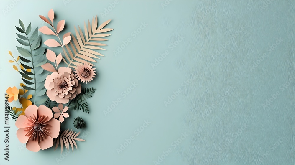 Fototapeta premium Serene 3D Paper Cut Garden Flowers Seamless Arrangement with Negative Space