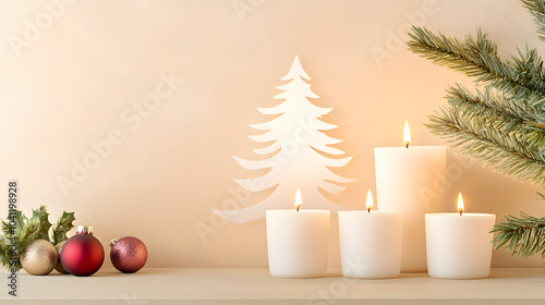 Charming Arrangement of White Candle Glasses Generating Magical Christmas Tree Shadows and Joyful Decor