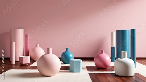 A colorful room with a pink wall and pink and blue objects. photo