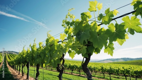 Green Vineyard Rows Lush Grape Vines Wine Country Landscape. photo