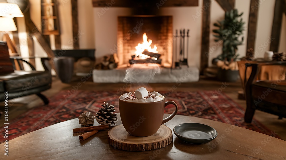 Cozy Cup of Hot Chocolate by the Fireplace