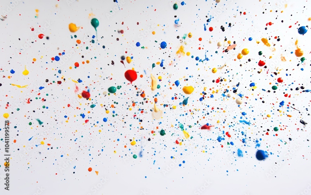 Dozens of colored paint droplets frozen in mid-air as if time stopped mid-splash, each drop suspended at different heights and angles, capturing the chaos of a paint explosion. Dozens of colored paint droplets frozen in mid-air as if time stopped mid-splash, each drop suspended at different heights and angles, capturing the chaos of a paint explosion.