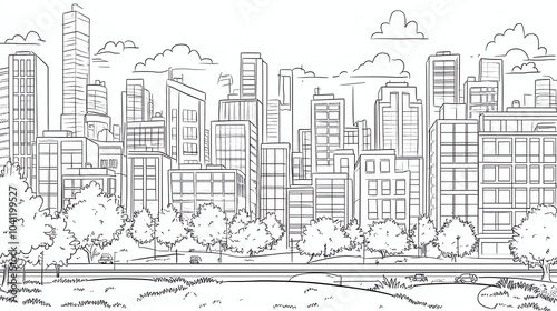 Hand drawn sketch of a city skyline with buildings and trees.