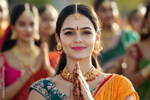 A front view of a group of women dressed in colorful traditional attire, performing Garba dance around the sacred altar photo