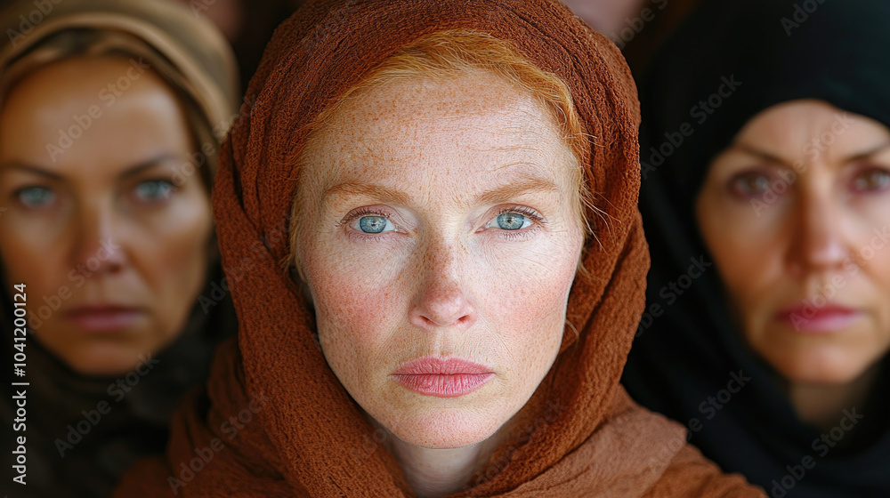 A group of women wearing headscarves shows strong emotions while participating in a community event, conveying unity and resilience A group of women wearing headscarves shows strong emotions while participating in a community event, conveying unity and resilience