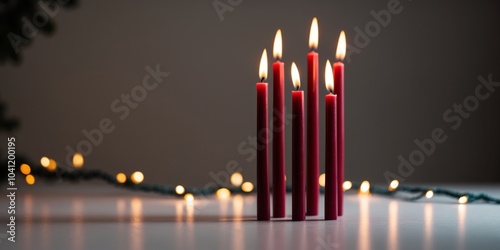 Glittering red candles with festive lights.
