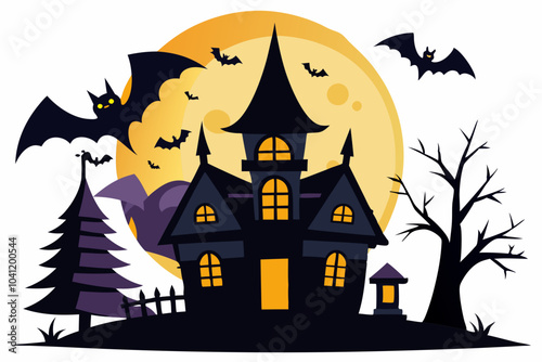 Halloween house with bats pumpkin moon vector illustration 