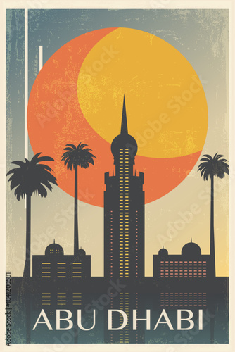 Abu Dhabi, UAE retro city poster with abstract shapes of skyline, buildings. United Arab Emirates vintage travel vector illustration, cityscape at sunrise, sunset