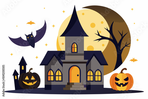 Halloween house with bats pumpkin moon vector illustration 