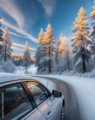 Driving through a snowy landscape on a winter day.