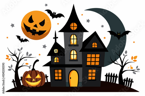 Halloween house with bats pumpkin moon vector illustration 