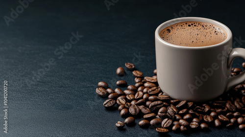 Aromatic, dark roasted coffee beans spill from a white ceramic mug onto a rustic wooden table photo