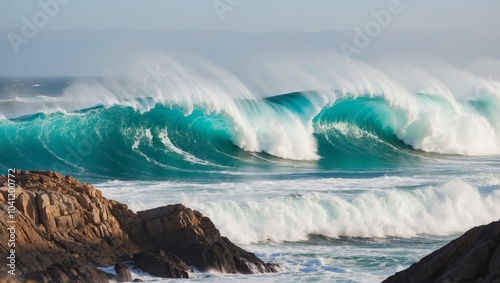 Powerful Ocean Waves Crashing on Rocky Shoreline.