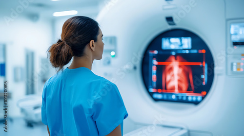 A healthcare professional observes a CT scan display, showcasing detailed images of a patient's lungs in a medical environment.