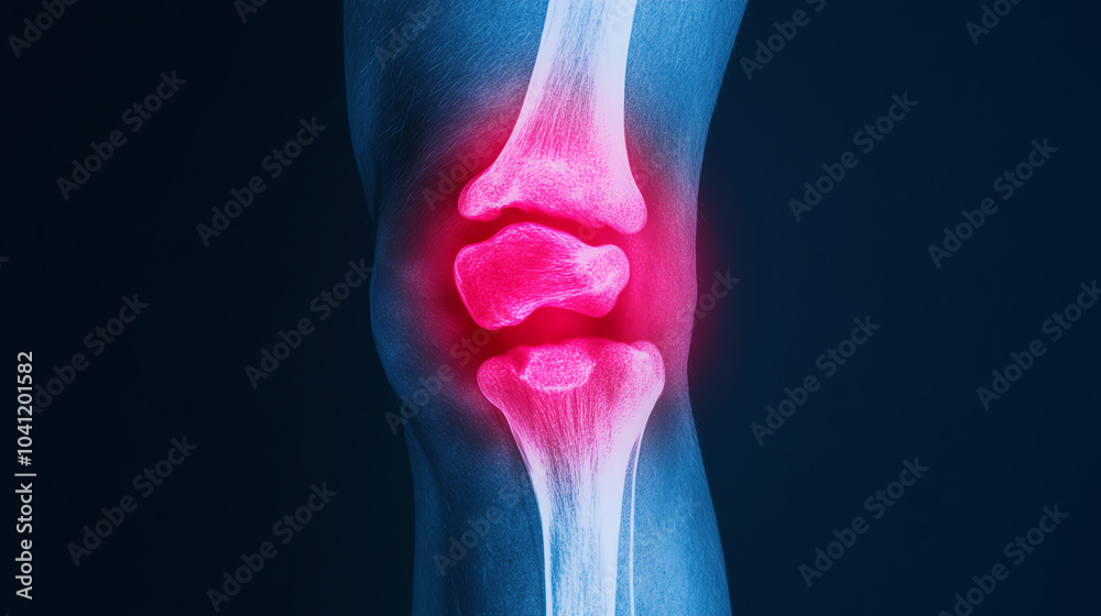 An X-ray image of a knee joint highlighting areas of pain and inflammation, showcasing the intricate structure of bones and cartilage.