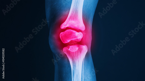 Obraz na płótnie An X-ray image of a knee joint highlighting areas of pain and inflammation, showcasing the intricate structure of bones and cartilage. w salonie