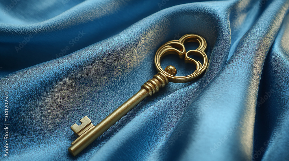 Naklejka premium Luxurious Golden Key Against Blue Fabric