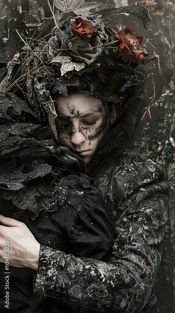 Dark Portrait of a Woman in Winter with Flowers Dark Portrait of a Woman in Winter with Flowers