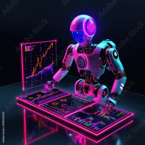 Graphic of  Illustration of a robot working on investment strategies, highlighted by neon colors and abstract hitech elements